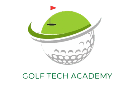 GolfTech Academy logo featuring a golf ball with a green putting surface and red flag on top.
